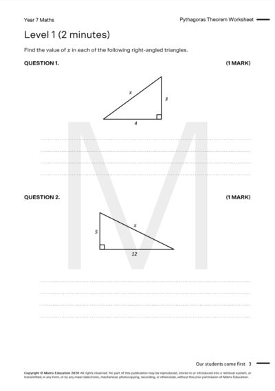 matrix education pythagores worksheet 2D questions